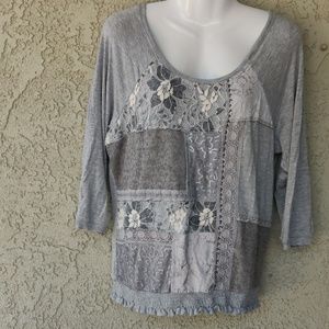 One September gray lace rouched waist top